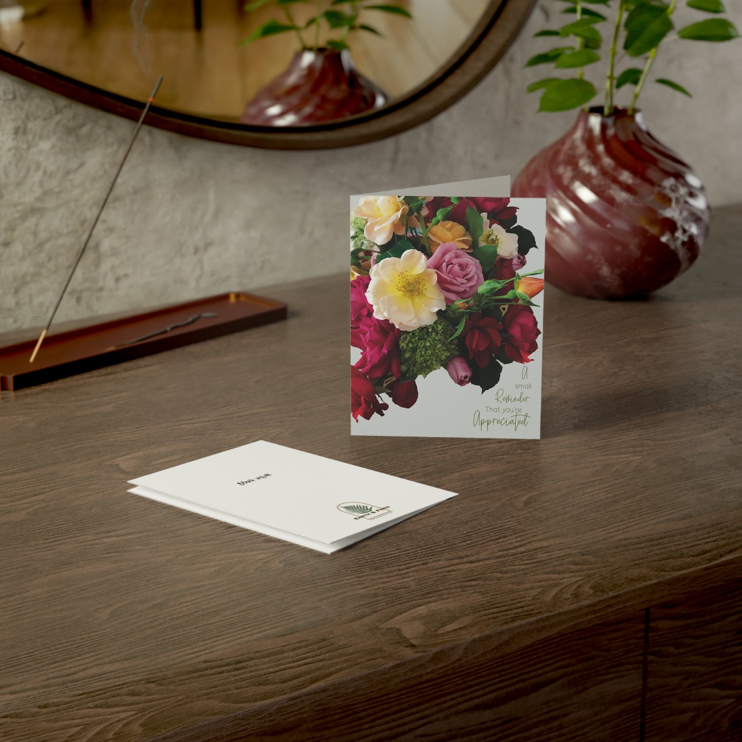 Eco-friendly appreciation card featuring a vibrant bouquet of roses and baby hydrangeas with the words “A Small Reminder That You’re Appreciated.