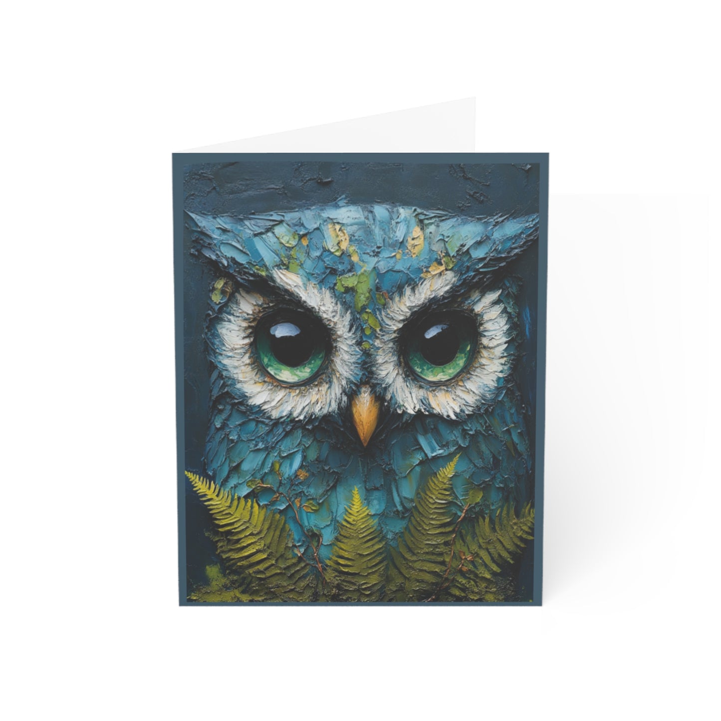 A beautifully painted greeting card featuring an oil and cold wax artwork of a soulful blue owl perched on a branch, perfect for any occasion.