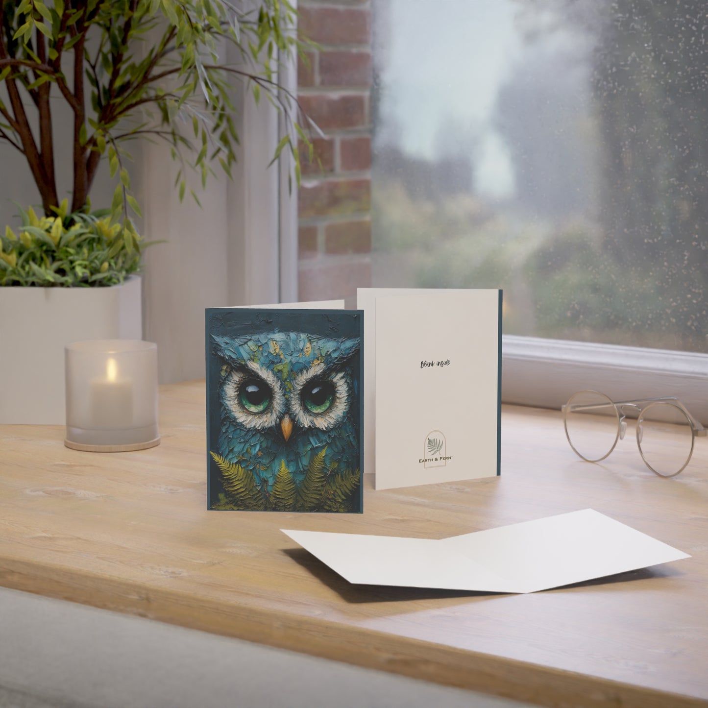 A beautifully painted greeting card featuring an oil and cold wax artwork of a soulful blue owl perched on a branch, perfect for any occasion.