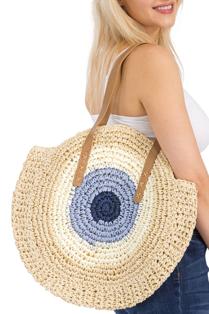 Boho Evil Eye Rattan Wicker Round Tote Bag