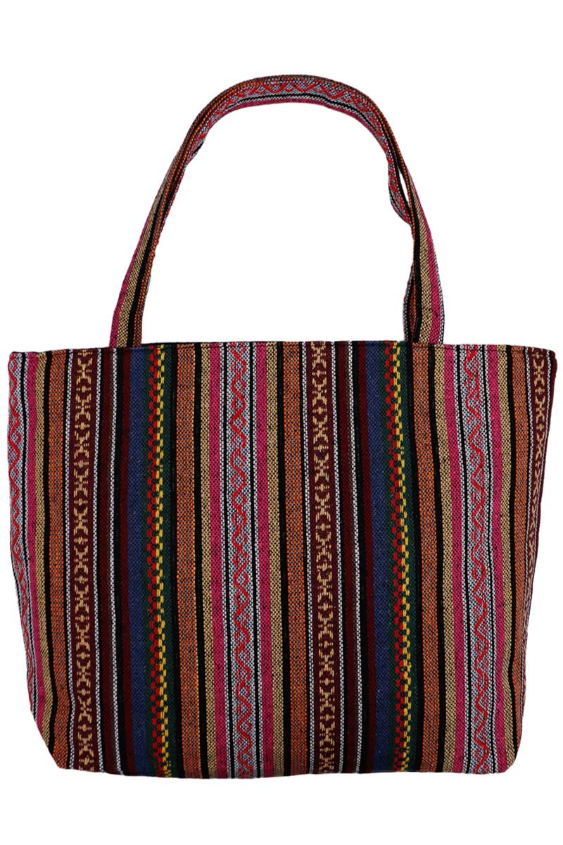 Pink/Burnt Umber Striped Woven Canvas Tote Bag - PATTERN E