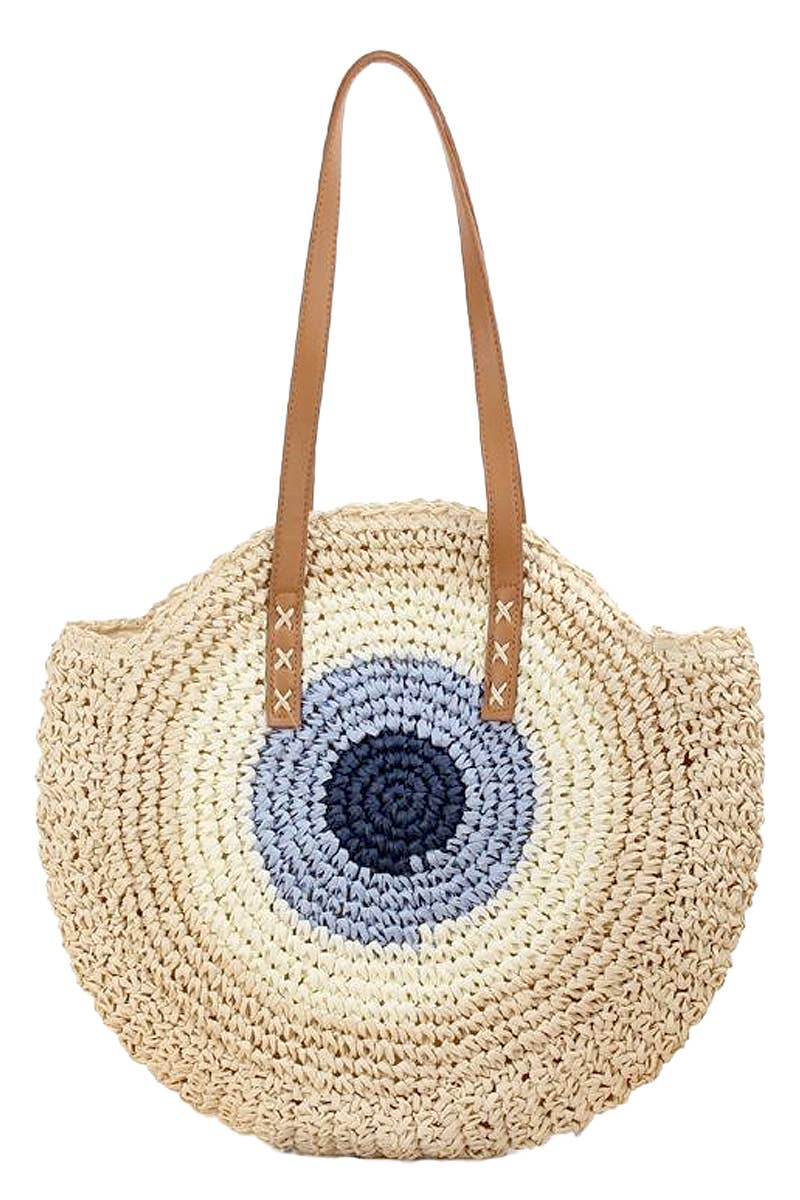 Boho Evil Eye Rattan Wicker Round Tote Bag