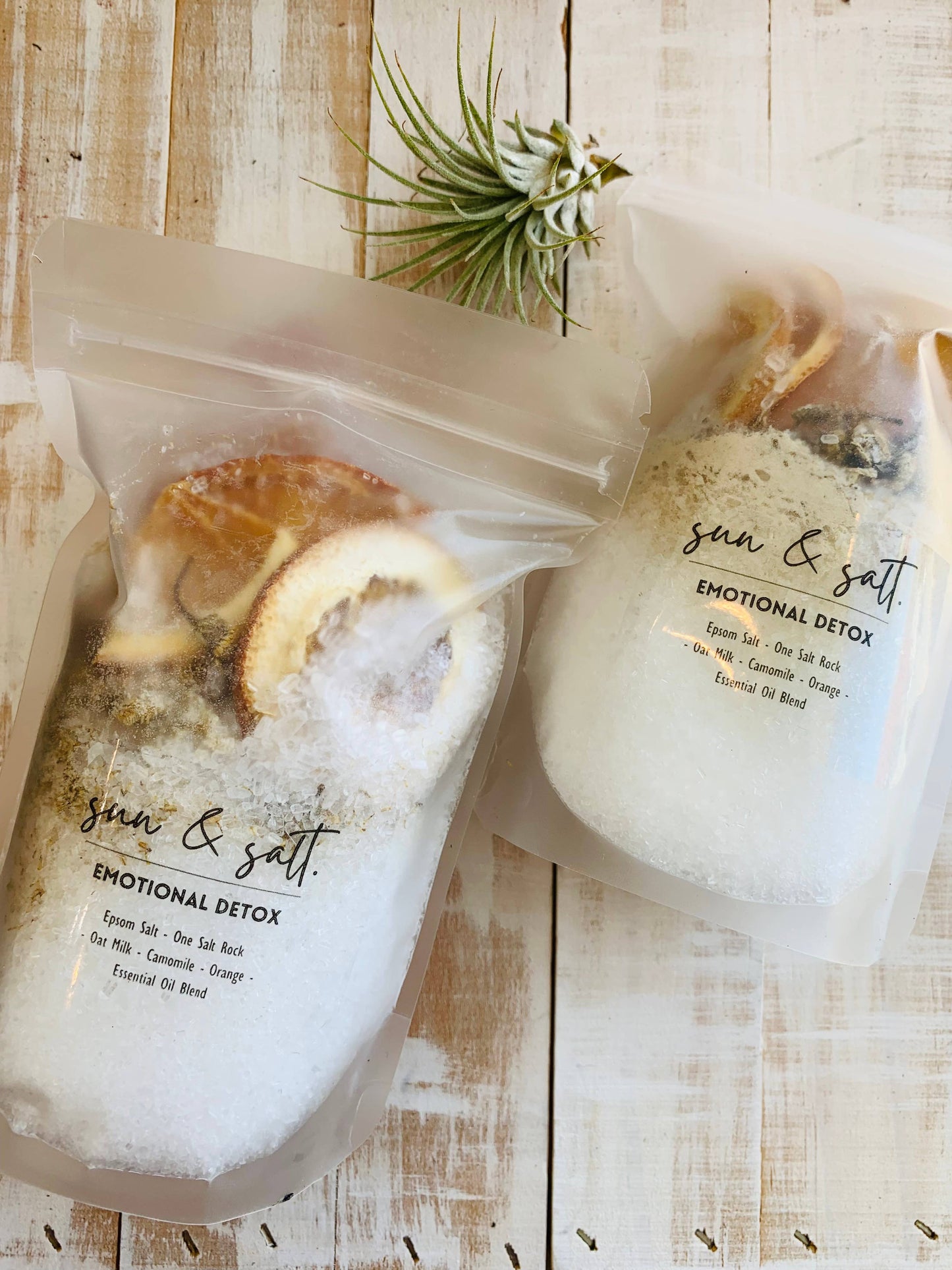 Handmade Emotional Detox Bath Soak with Chamomile, Epsom Salt, Himalayan Salt, Oat Milk Powder, Orange Slices, and Essential Oil Blend in a 6oz jar, perfect for relaxation and skin rejuvenation.