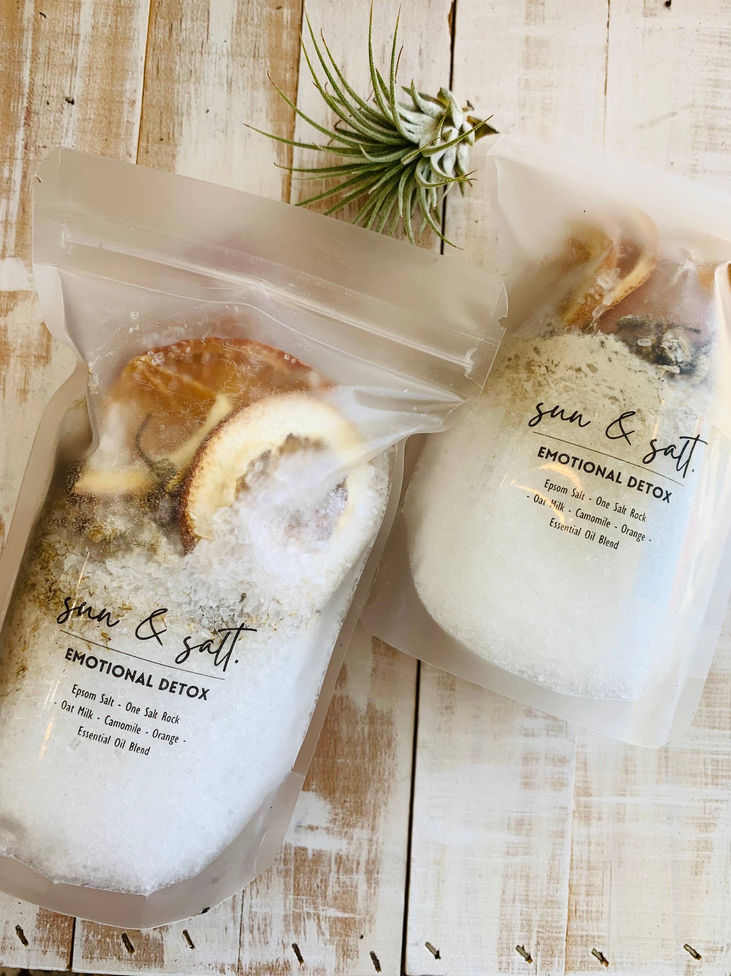 Handmade Emotional Detox Bath Soak with Chamomile, Epsom Salt, Himalayan Salt, Oat Milk Powder, Orange Slices, and Essential Oil Blend in a 6oz jar, perfect for relaxation and skin rejuvenation.
