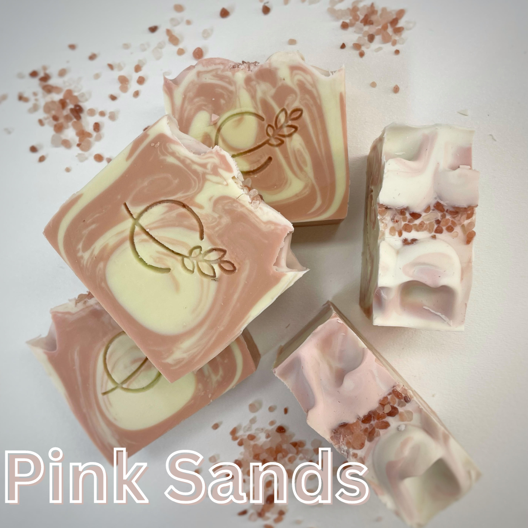 Luxury artisan soap with olive oil, coconut oil, and shea butter, handmade with natural ingredients, safe for all skin types, exfoliating and hydrating soap bars. Pink Sands is fragrance free and perfect for sensitive skin.