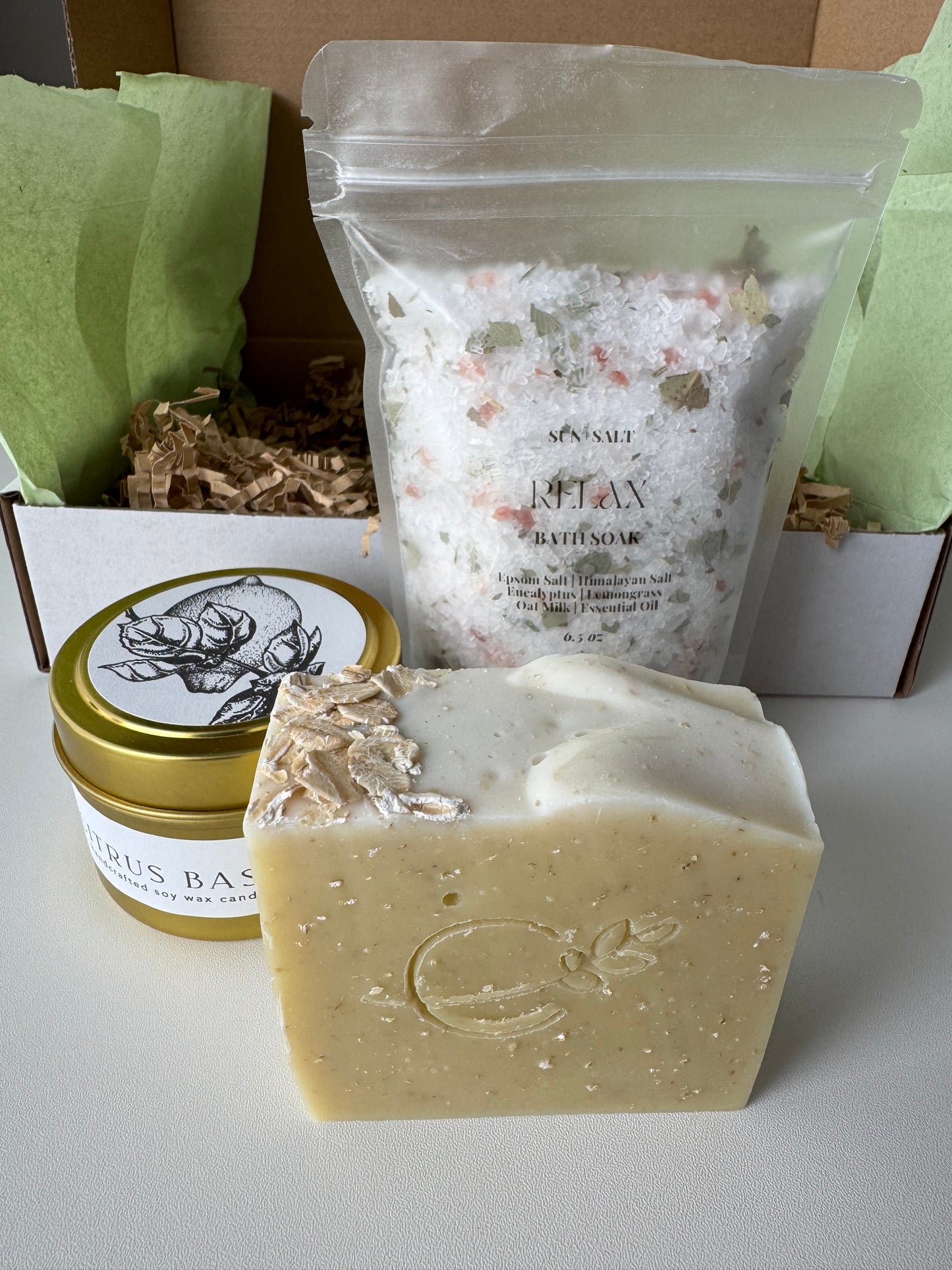 Luxury Mother’s Day Gift Box with Handcrafted Oatmeal Lavender Soap, Lavender Vanilla Candle, and Relax Bath Soak