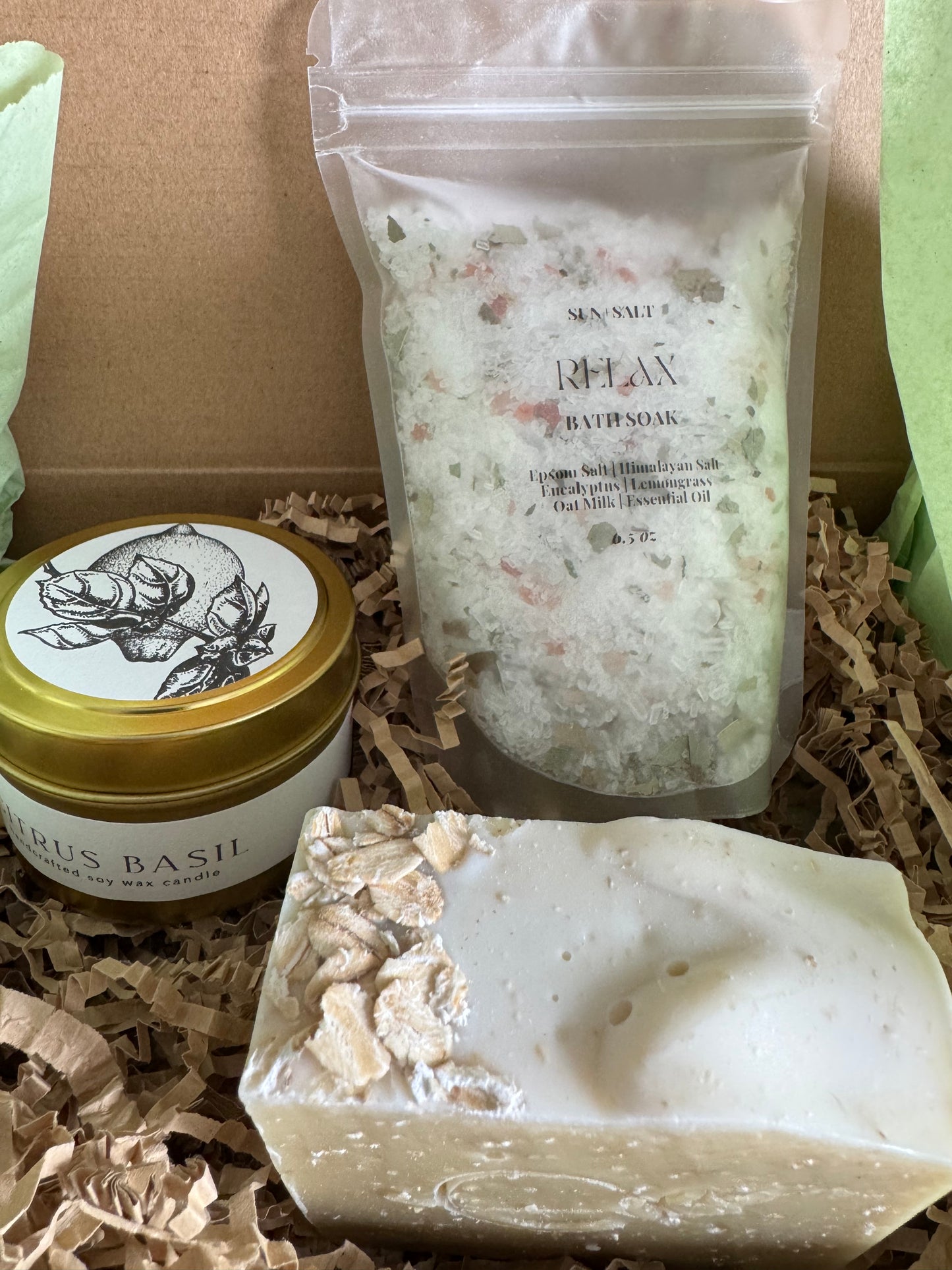 Luxury Mother’s Day Gift Box with Handcrafted Oatmeal Lavender Soap, Lavender Vanilla Candle, and Relax Bath Soak