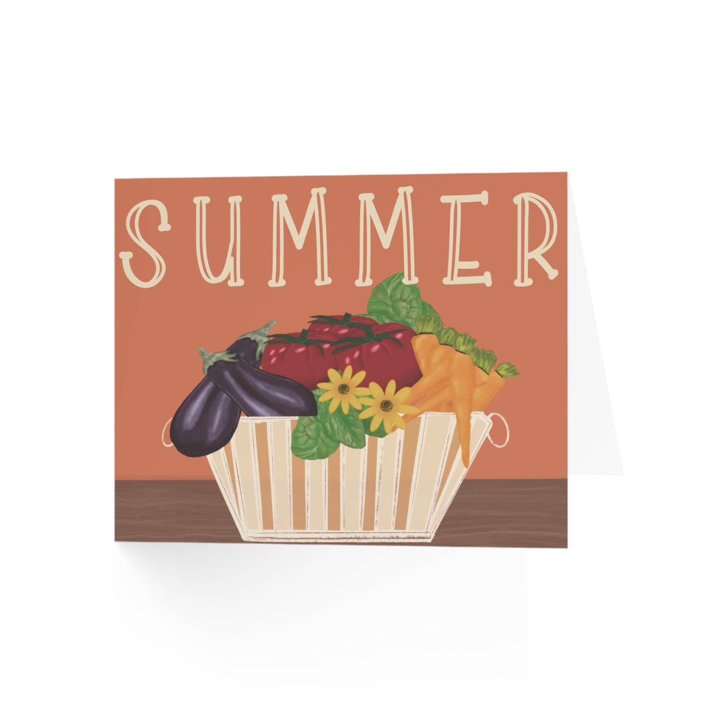 Summer Farmer's Basket greeting card featuring an illustration of fresh, seasonal vegetables in a woven basket, perfect for farm-to-table enthusiasts and summer celebrations