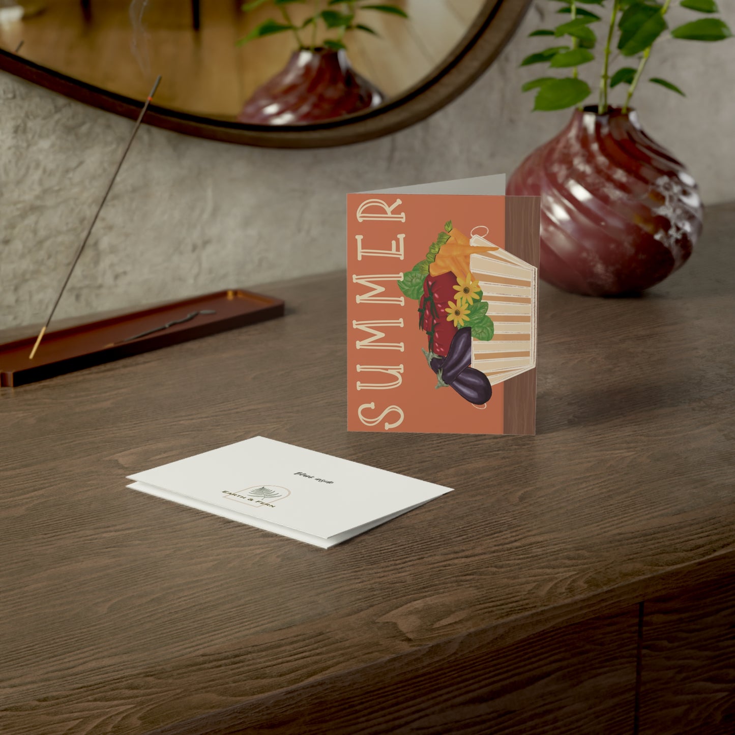 Summer Farmer's Basket greeting card featuring an illustration of fresh, seasonal vegetables in a woven basket, perfect for farm-to-table enthusiasts and summer celebrations