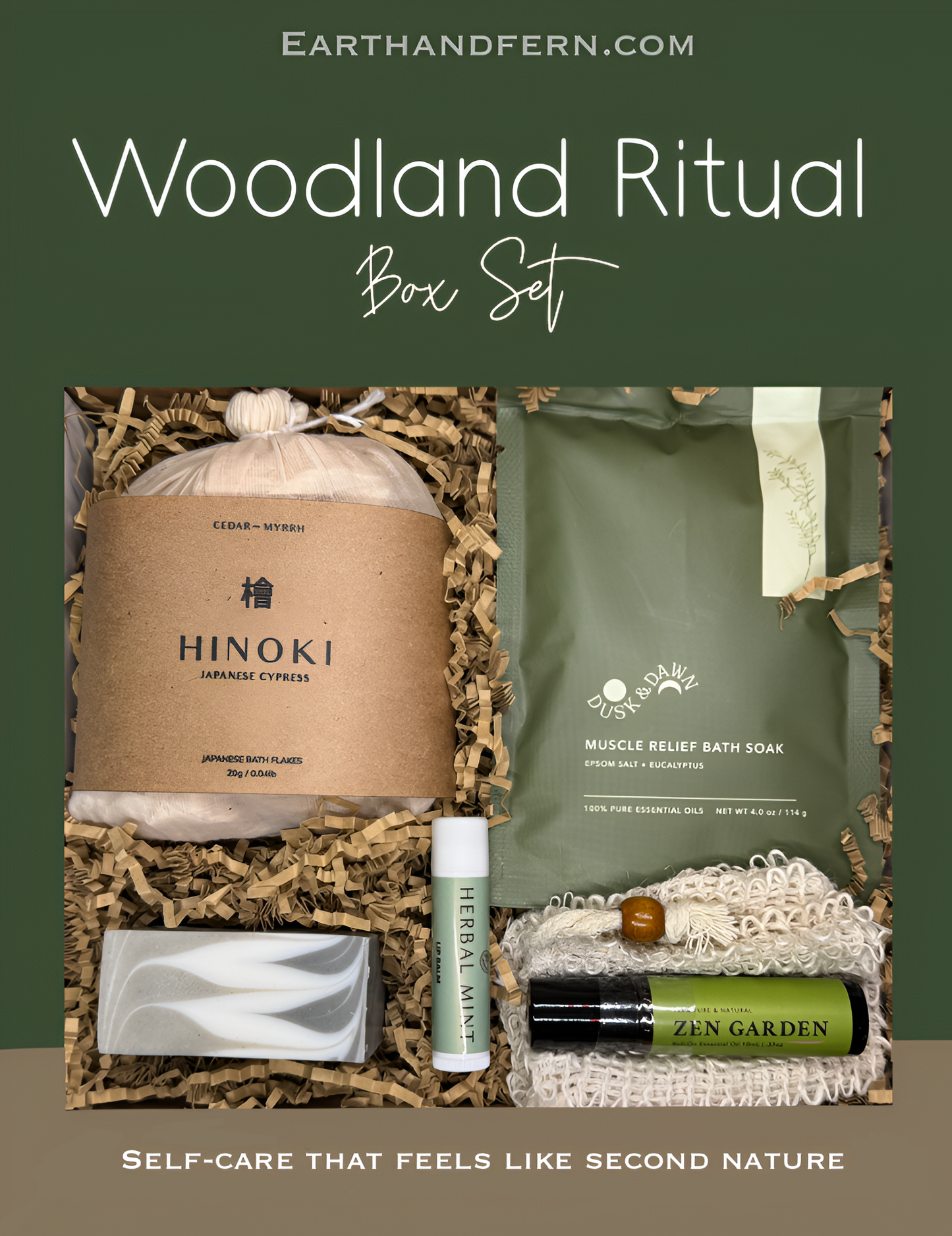 Woodland Ritual wellness box with Hinoki Cypress bath flakes, muscle relief soak, cedarwood pine soap, herbal mint lip balm, and aromatherapy roll-on in a forest-inspired gift set.