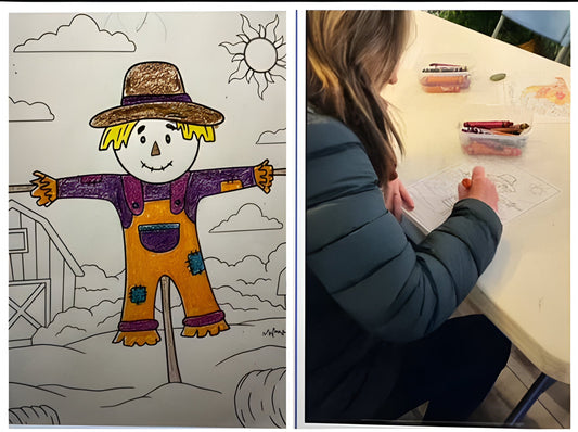 Coloring at a Kids’ Table – Finding Joy in Simple Pleasures Adult woman smiling while coloring with jumbo crayons at a kids' table, rediscovering childlike joy and embracing simple pleasures.