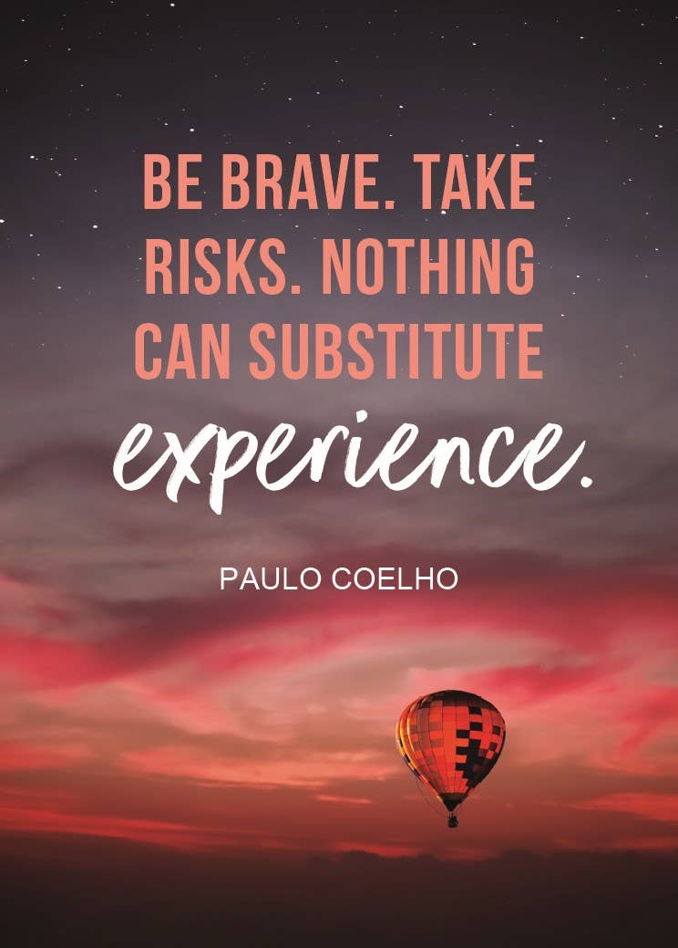 Hot air balloon against a colorful sky with a Paulo Coelho quote.
