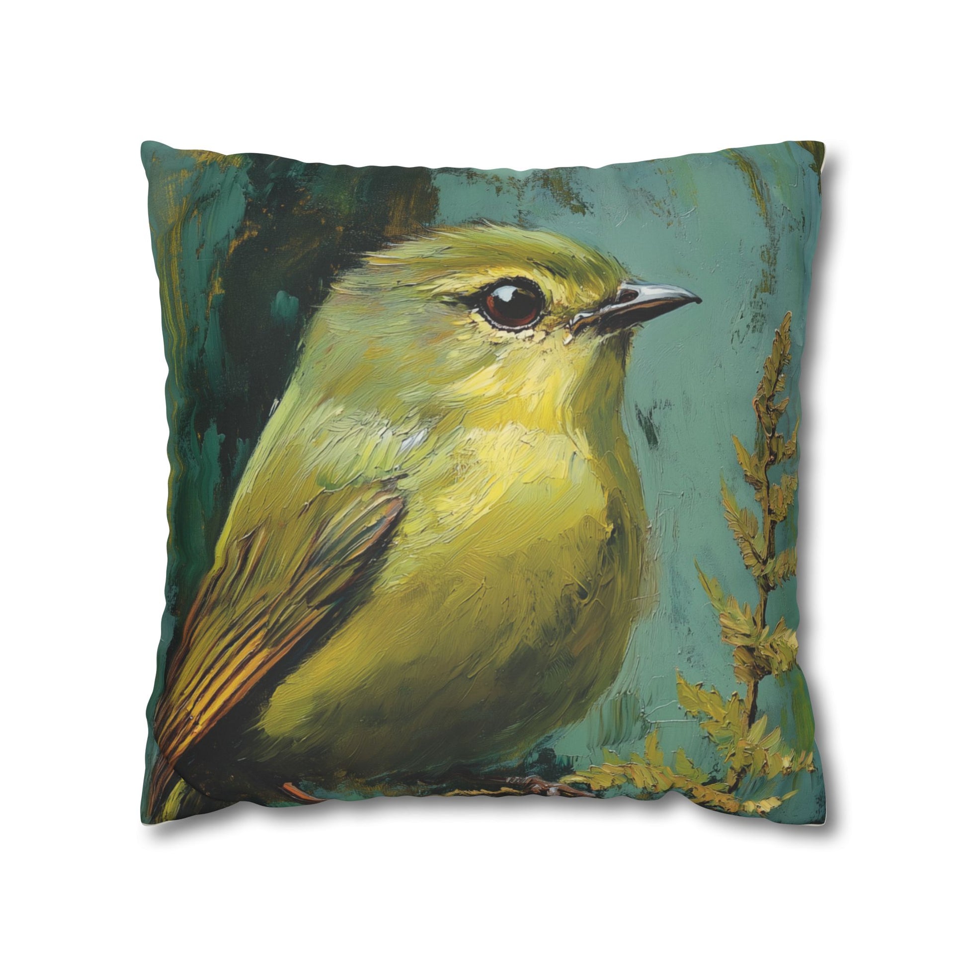 Abstract painted pillow cover featuring a sweet green bird with soulful eyes nestled in a fern leaf. 