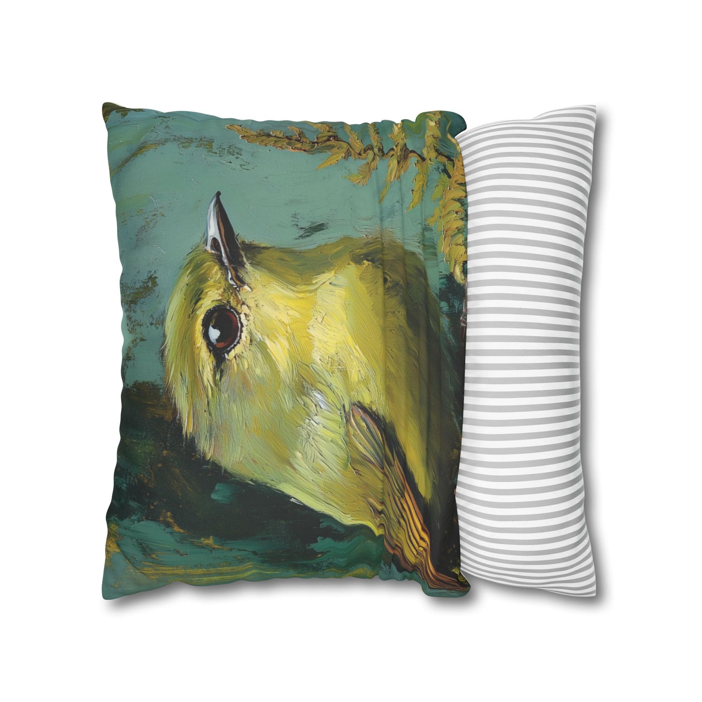 Abstract painted pillow cover featuring a sweet green bird with soulful eyes nestled in a fern leaf. The back of pillow is black with a complementary repeating motif of  tiny crream covered leaves