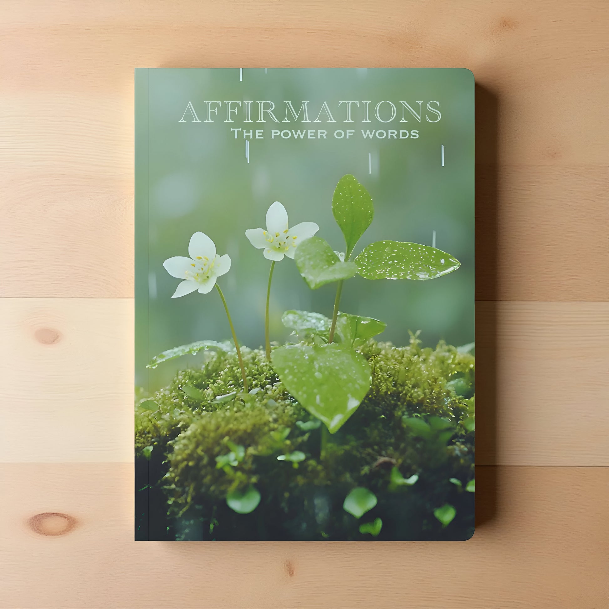Book titled 'Affirmations: The Power of Words' with a nature-themed cover featuring flowers and moss on a wooden surface. 