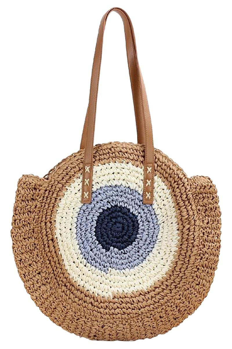 Boho Evil Eye woven rattan paper straw wicker round beach tote bag with faux leather trim, zipper closure, and double top handles, perfect for summer outings