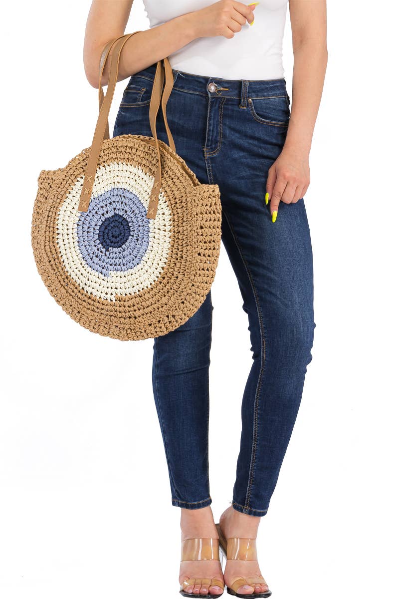 Boho Evil Eye woven rattan paper straw wicker round beach tote bag with faux leather trim, zipper closure, and double top handles, perfect for summer outings