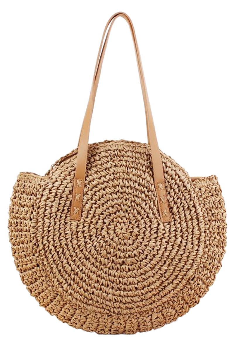 Boho Evil Eye woven rattan paper straw wicker round beach tote bag with faux leather trim, zipper closure, and double top handles, perfect for summer outings