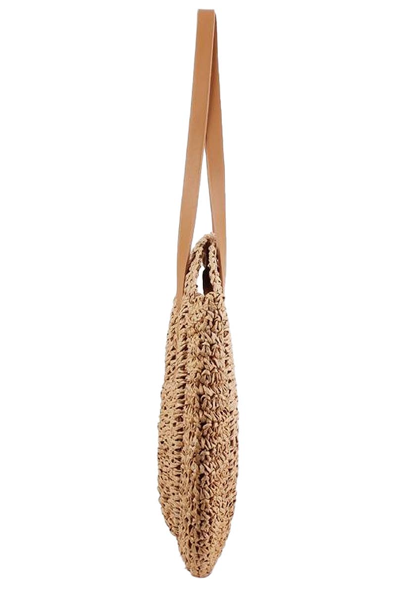 Boho Evil Eye woven rattan paper straw wicker round beach tote bag with faux leather trim, zipper closure, and double top handles, perfect for summer outings
