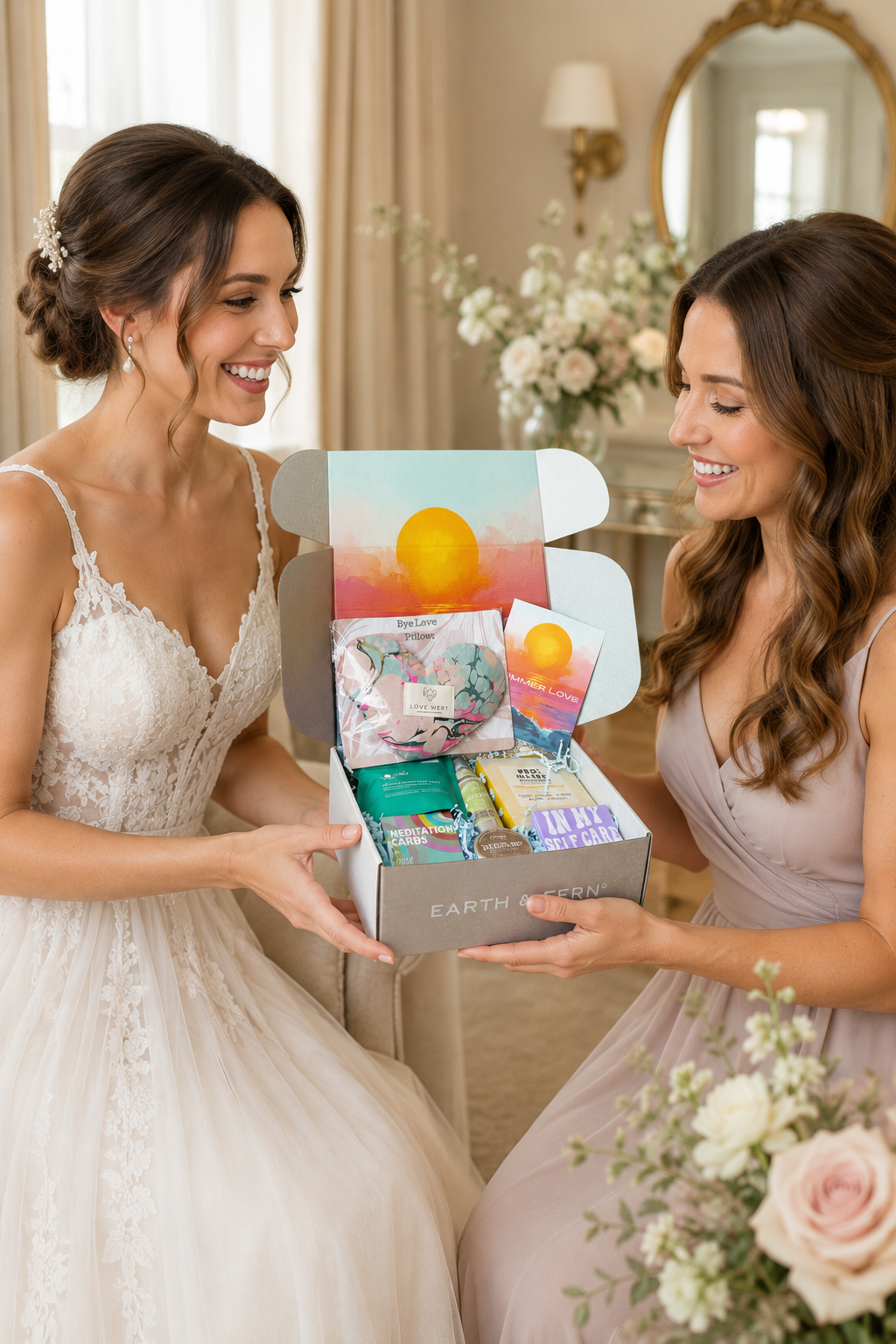 Bride gifting Summer Love Wellness Box to her maid of honor in the bridal Suite on her wedding Day.