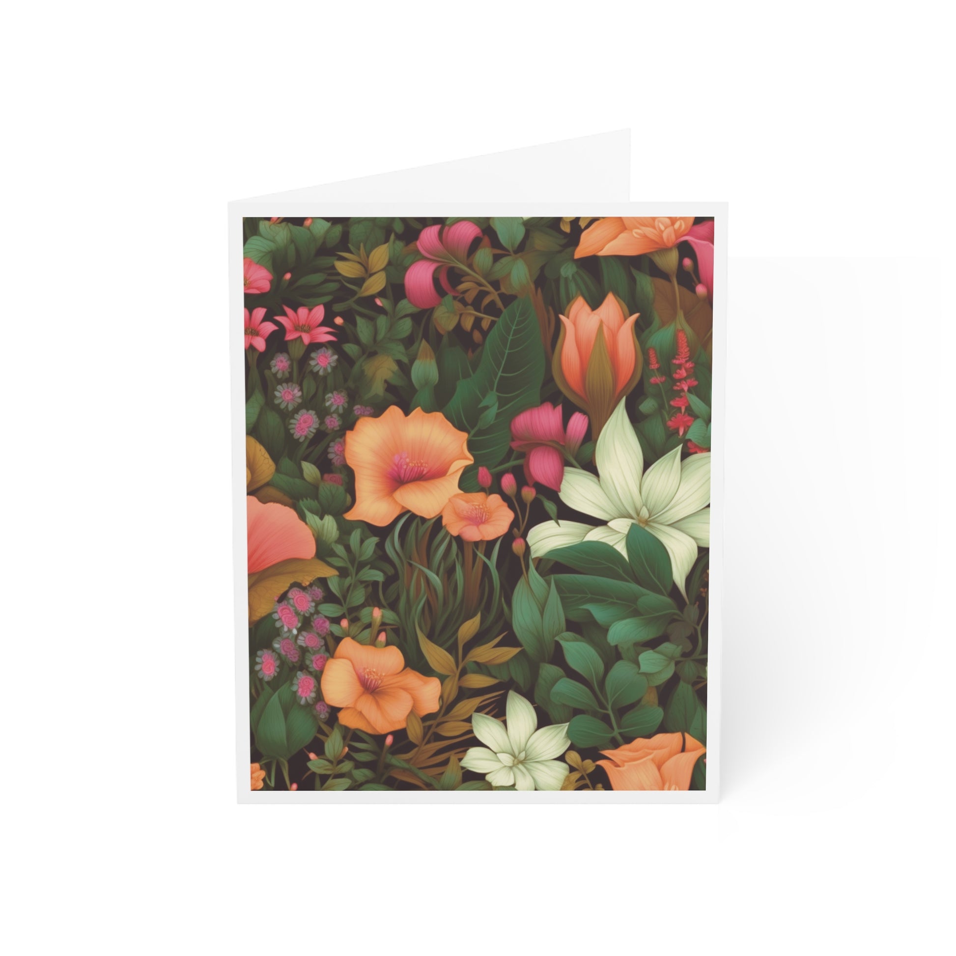 Colorful daylily floral greeting card featuring vibrant shades of green, pink, orange, and white for a cheerful design.