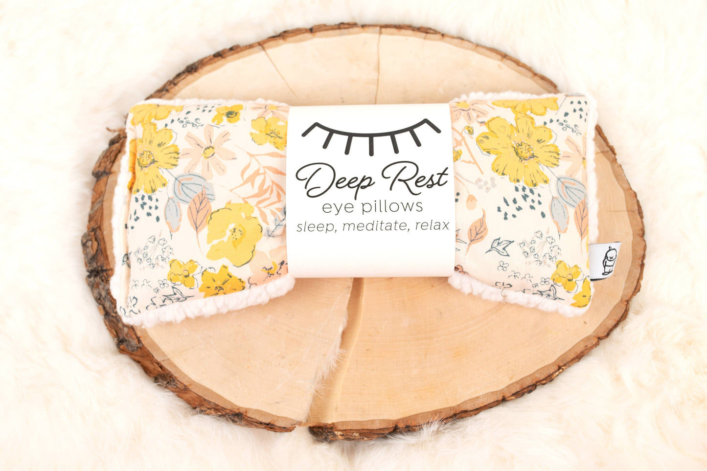 Sunrise, yellow and cream floral pattern Deep Rest Eye Pillow with rice filling for relaxation, stress relief, and improved sleep, featuring a cotton front and soft minky backing, ideal for heating or cooling