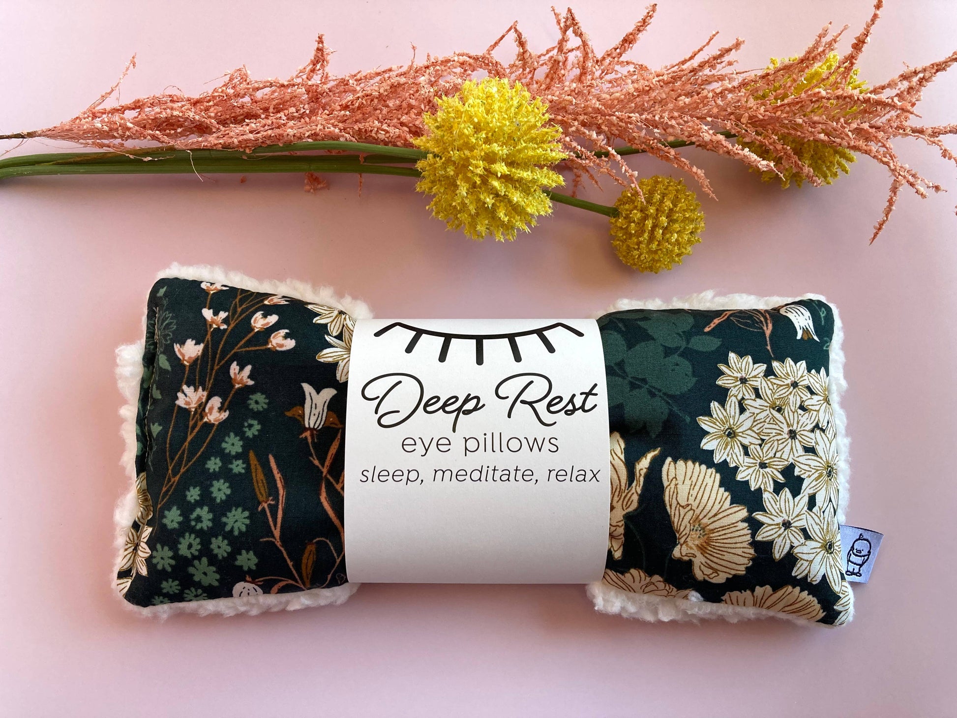 Emerald forest green with creams, peach and lighter green delicate florals - Deep Rest Eye Pillow with rice filling for relaxation, stress relief, and improved sleep, featuring a cotton front and soft minky backing, ideal for heating or cooling