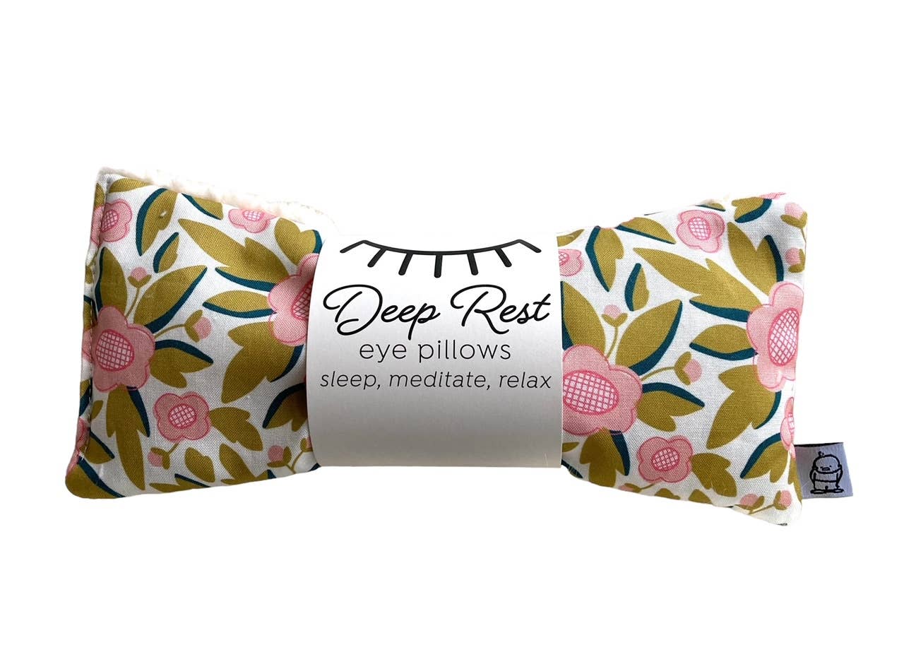 Deep Rest Eye Pillow with rice filling for relaxation, stress relief, and improved sleep, featuring a cotton front and soft minky backing, ideal for heating or cooling