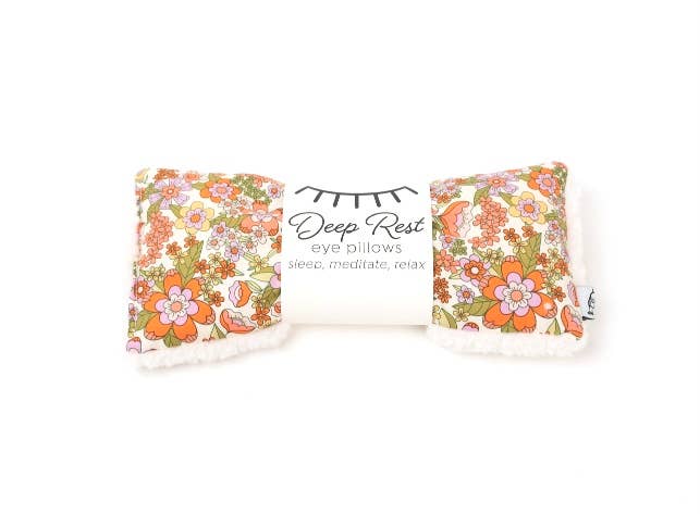 Tangerine, light pink and avocado green retro floral whimsy- Deep Rest Eye Pillow with rice filling for relaxation, stress relief, and improved sleep, featuring a cotton front and soft minky backing, ideal for heating or cooling