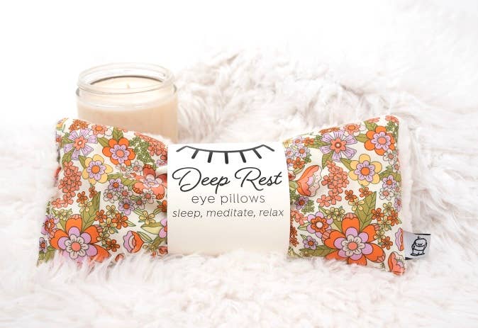 Tangerine, light pink and avocado green retro floral whimsy- Deep Rest Eye Pillow with rice filling for relaxation, stress relief, and improved sleep, featuring a cotton front and soft minky backing, ideal for heating or cooling