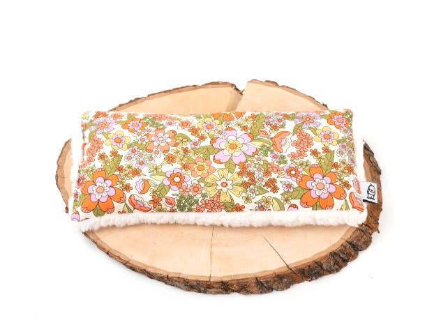 Tangerine, light pink and avocado green retro floral whimsy- Deep Rest Eye Pillow with rice filling for relaxation, stress relief, and improved sleep, featuring a cotton front and soft minky backing, ideal for heating or cooling