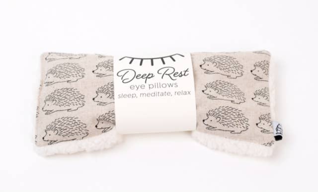 Deep Rest Eye Pillow with rice filling for relaxation, stress relief, and improved sleep, featuring a cotton front and soft minky backing, ideal for heating or cooling