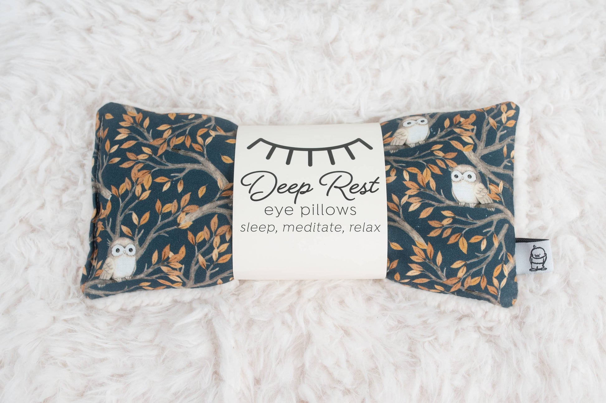 Turquoise blue with light gray owls sitting on delicate tree limbs - Deep Rest Eye Pillow with rice filling for relaxation, stress relief, and improved sleep, featuring a cotton front and soft minky backing, ideal for heating or cooling.