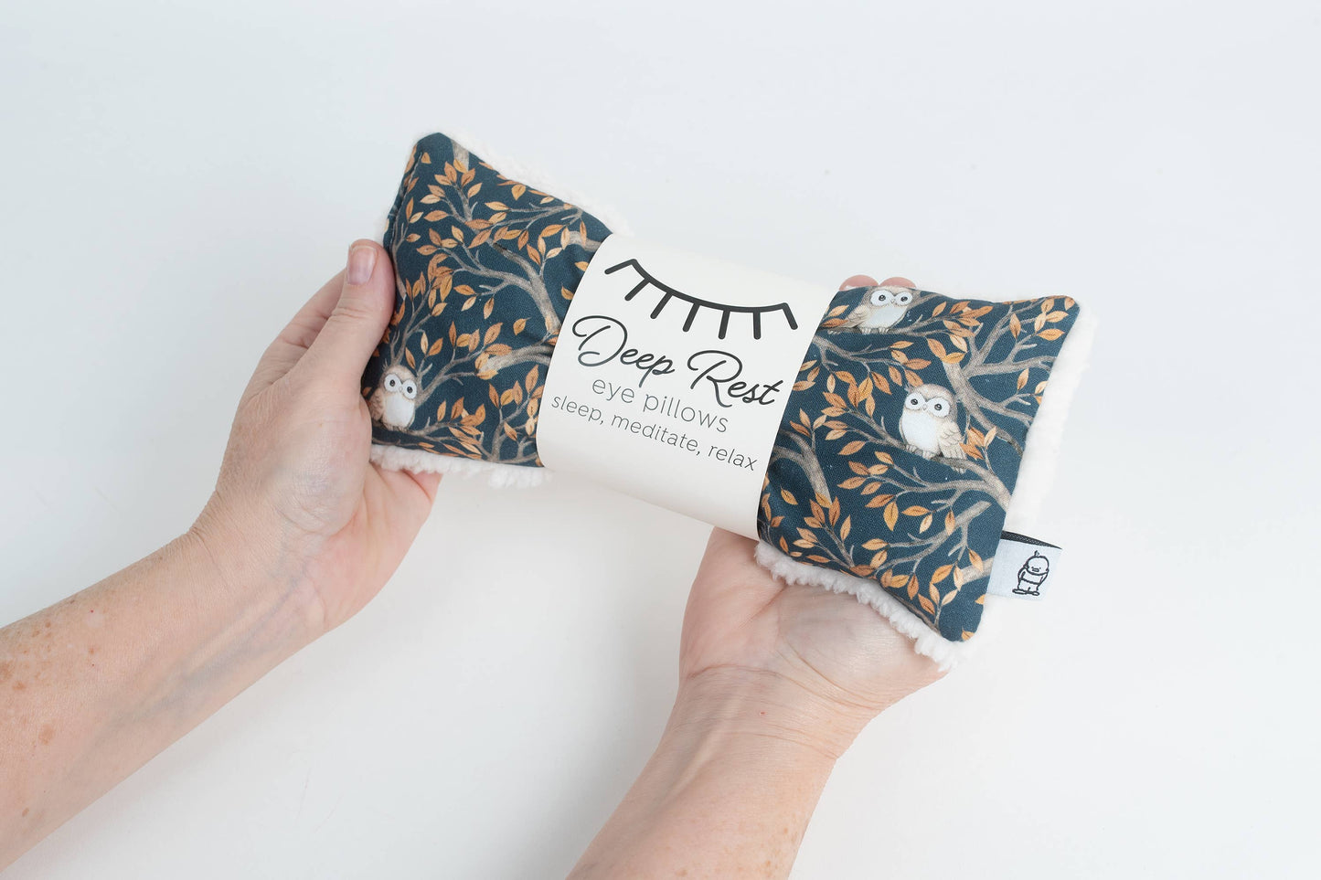 Turquoise blue with light gray owls sitting on delicate tree limbs - Deep Rest Eye Pillow with rice filling for relaxation, stress relief, and improved sleep, featuring a cotton front and soft minky backing, ideal for heating or cooling.