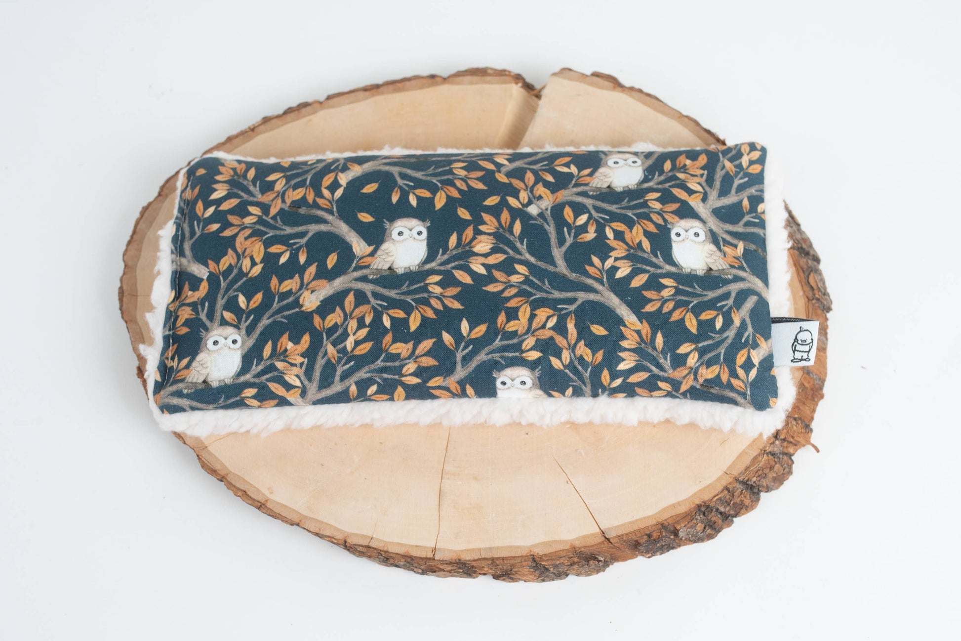 Turquoise blue with light gray owls sitting on delicate tree limbs - Deep Rest Eye Pillow with rice filling for relaxation, stress relief, and improved sleep, featuring a cotton front and soft minky backing, ideal for heating or cooling.