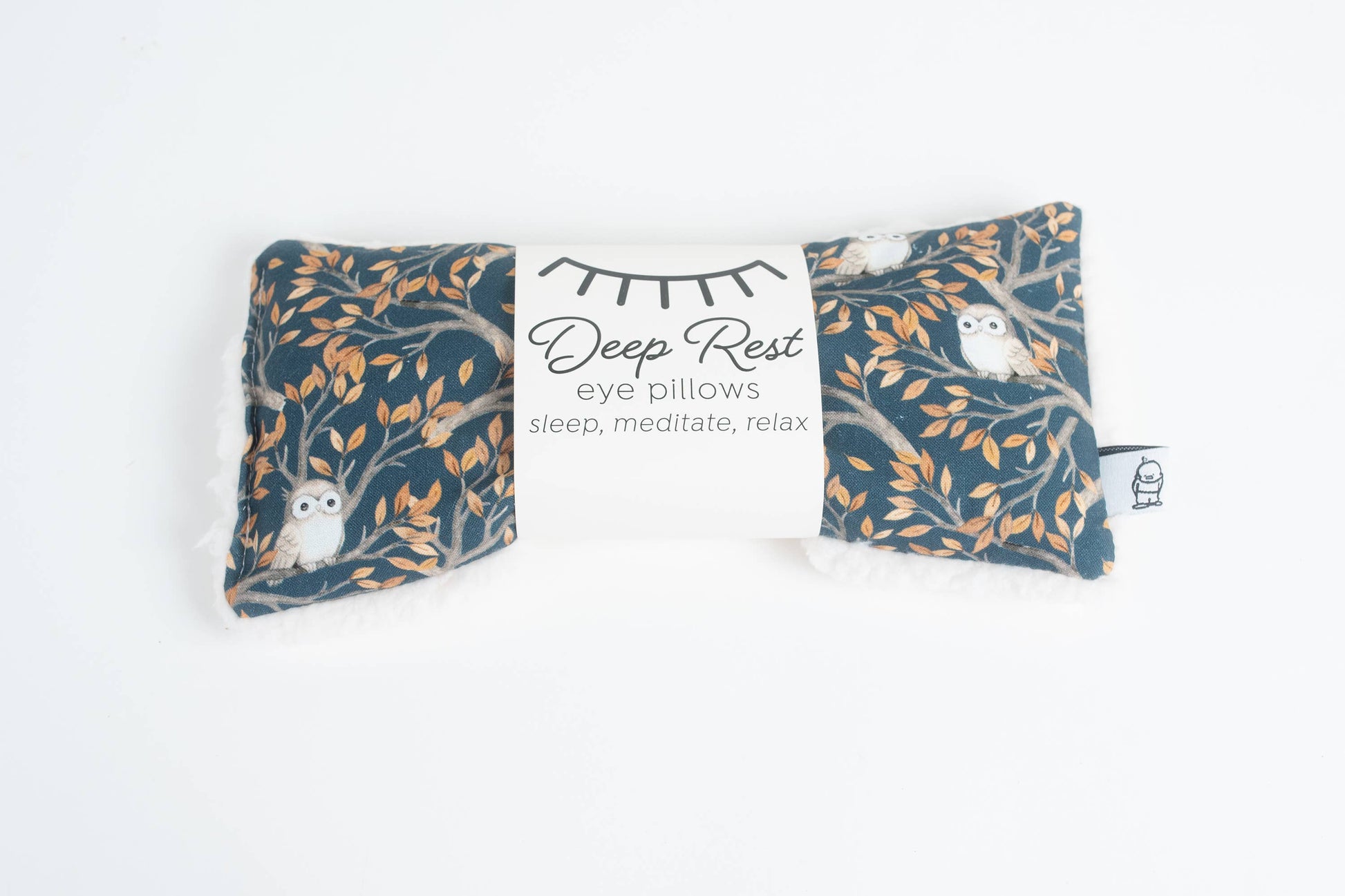 Turquoise blue with light gray owls sitting on delicate tree limbs - Deep Rest Eye Pillow with rice filling for relaxation, stress relief, and improved sleep, featuring a cotton front and soft minky backing, ideal for heating or cooling.