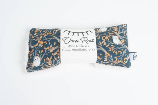 Turquoise blue with light gray owls sitting on delicate tree limbs - Deep Rest Eye Pillow with rice filling for relaxation, stress relief, and improved sleep, featuring a cotton front and soft minky backing, ideal for heating or cooling.
