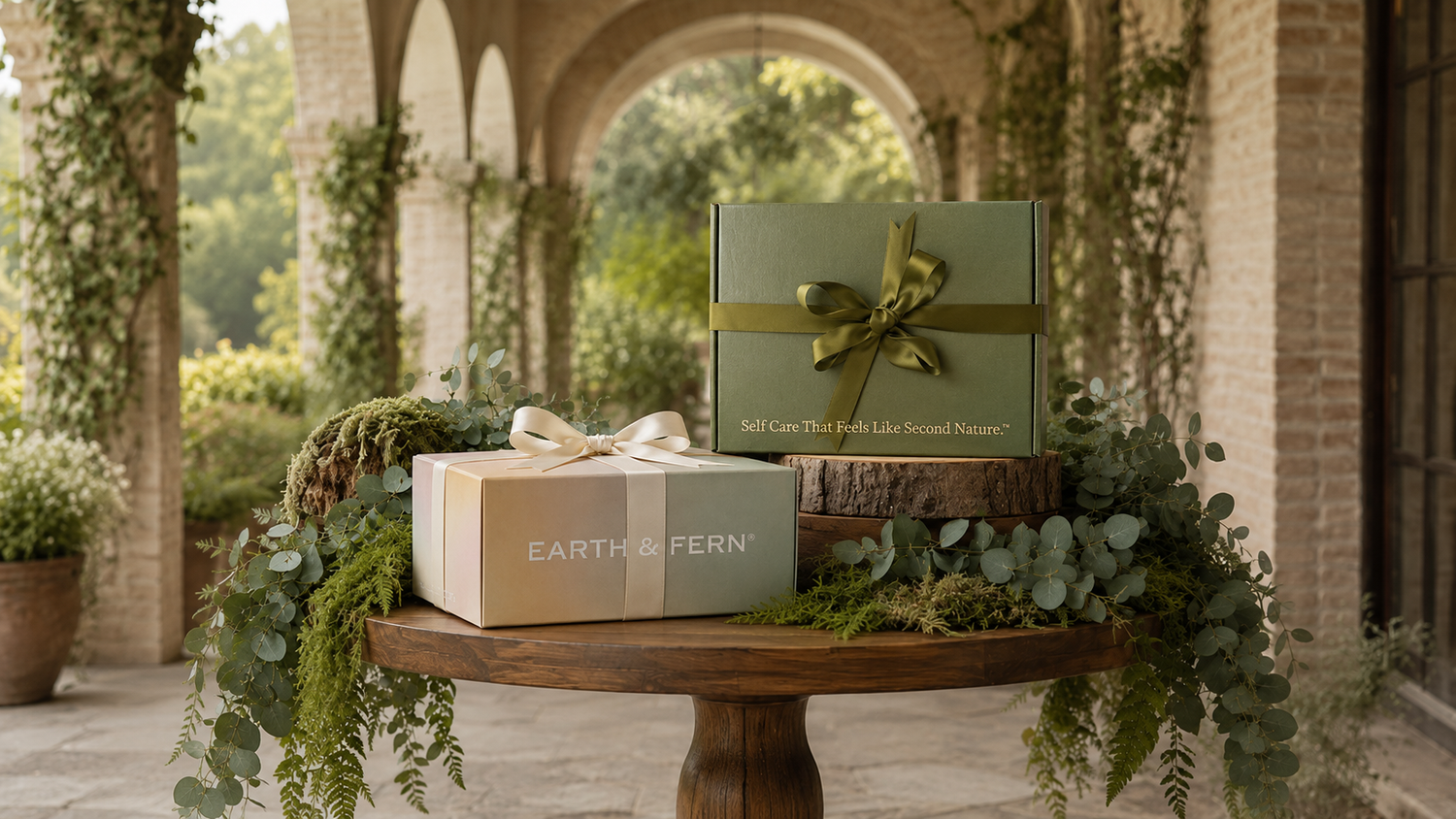 Two Earth & Fern gift boxes, one sage green with a matching satin ribbon and one summer gradient box of light blush pink , pale yellow and aqua with a  cream white ribbon, displayed on a rustic wooden table surrounded by green foliage in an outdoor garden setting with stone arches.