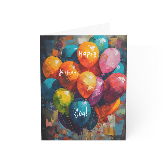 A vibrant eco-friendly birthday card featuring a colorful balloon bouquet, printed on sustainable cardstock with non-toxic inks, blank inside for personalization