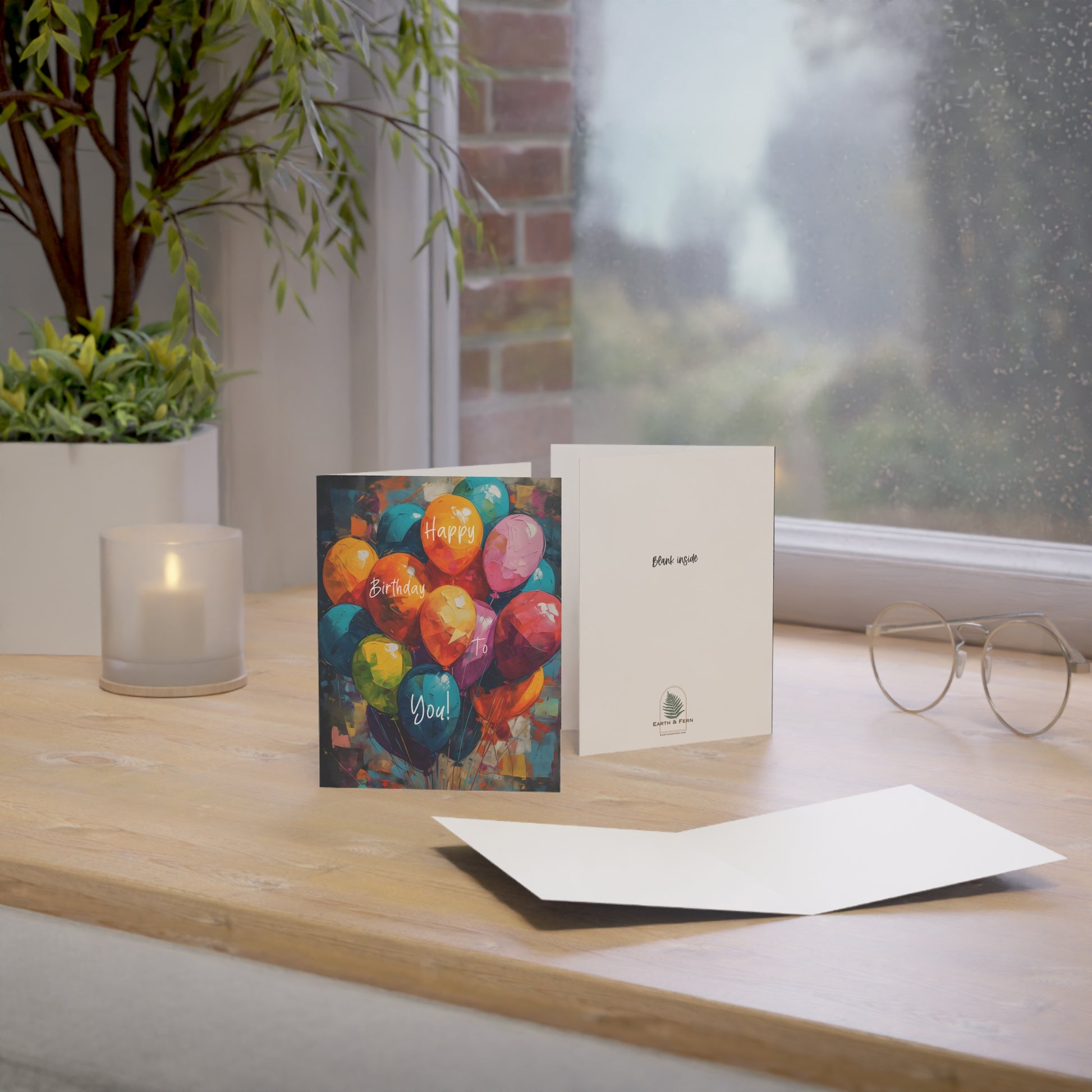 A vibrant eco-friendly birthday card featuring a colorful balloon bouquet, printed on sustainable cardstock with non-toxic inks, blank inside for personalization