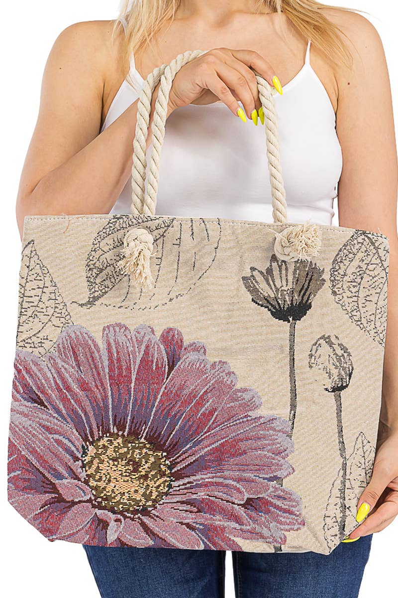 Gerbera Daisy floral woven tapestry design on a burlap canvas tote bag with rope handles, perfect for spring and summer outings