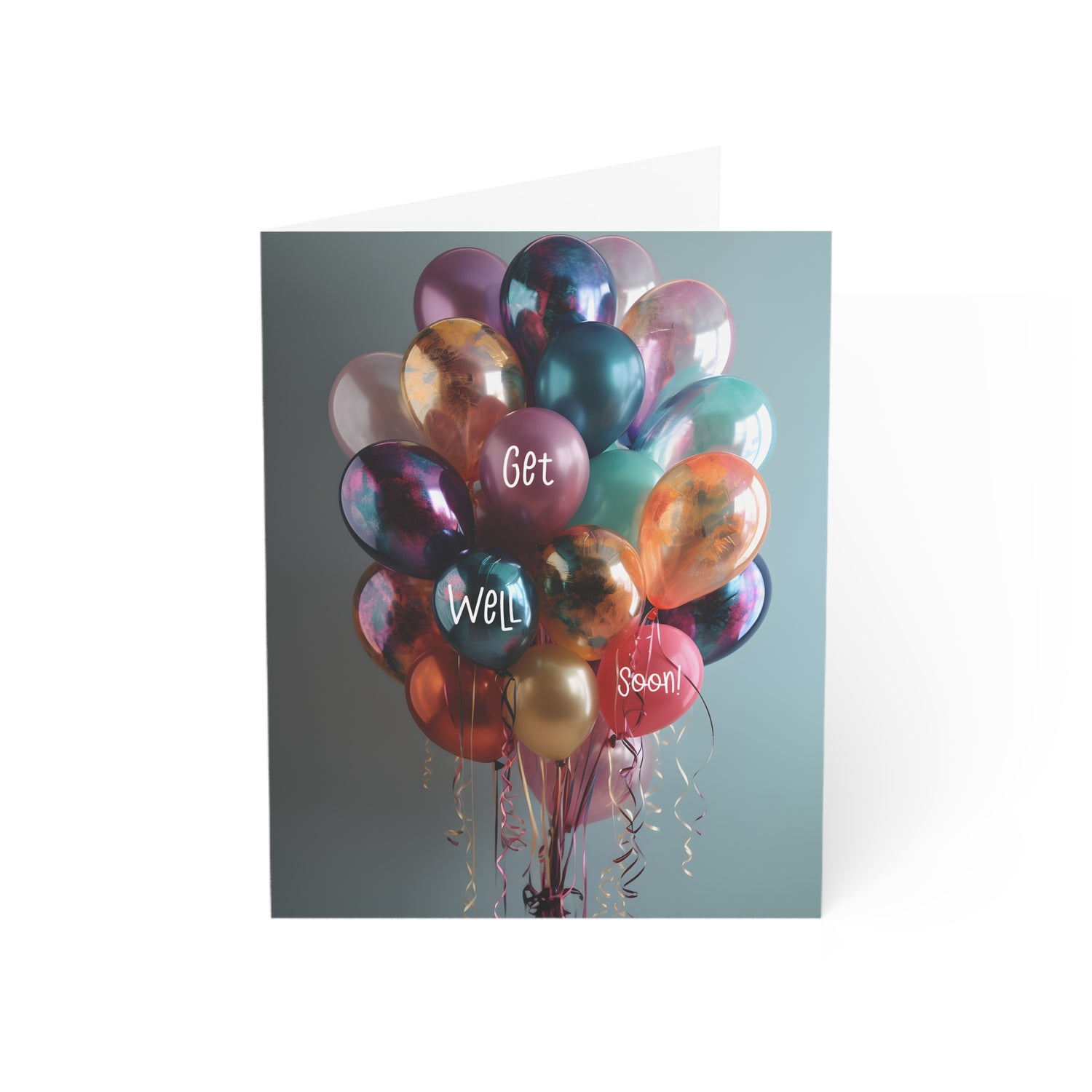 A vibrant eco-friendly Get Well Soon card featuring a colorful bouquet of balloons and the text "Get Well Soon" on the front. Blank inside for your personalization.