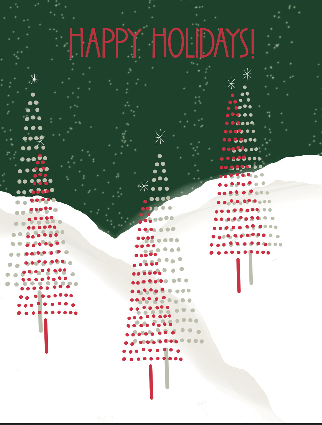 Charming greeting card featuring a trio of  pencil Christmas trees set against a snowy landscape, with a night sky and light snowflakes falling, and the words 'Happy Holidays' elegantly displayed near the top."