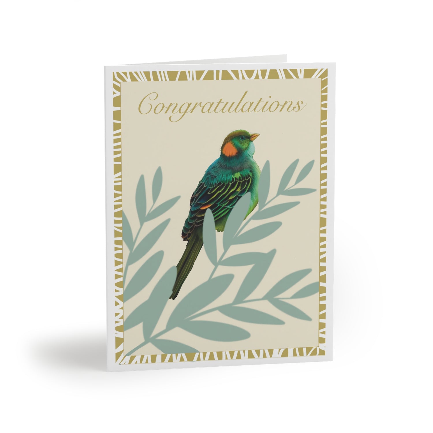 Card shows a light tan background with a cold and white striped border. inside the border is a colorful bird with blue, green, orange and black feathers. He sits perched on light blue leaves with the words Congratulations above written in matte gold color.