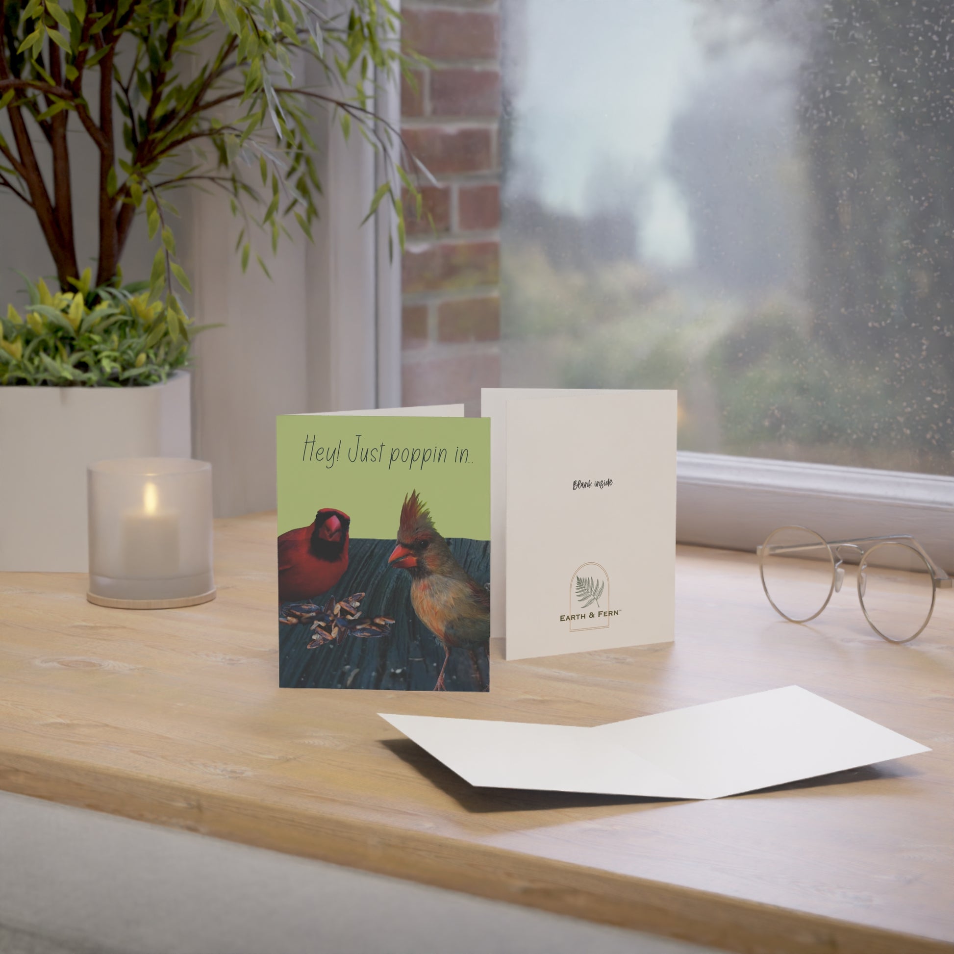 The image shows two cardinal birds peaking at the camera, standing on a piece of wood. The background color of the card is light green with the words  Hey! Just poppin in.. The card sits on a brown table with a candle near a window. The front and back and inside of card are visible. The back of the card shows the words “blank inside” and the Earth & Fern logo. The inside is blank.