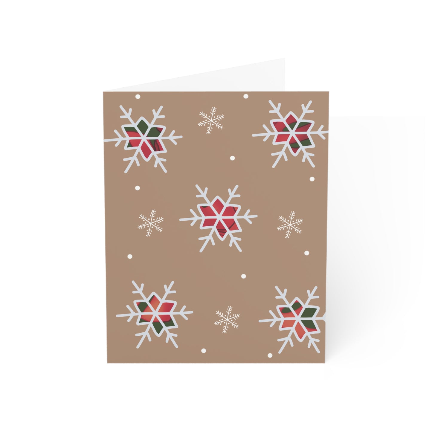 Festive brown kraft greeting card adorned with vibrant red and green plaid snowflakes, perfect for holiday greetings and winter celebrations