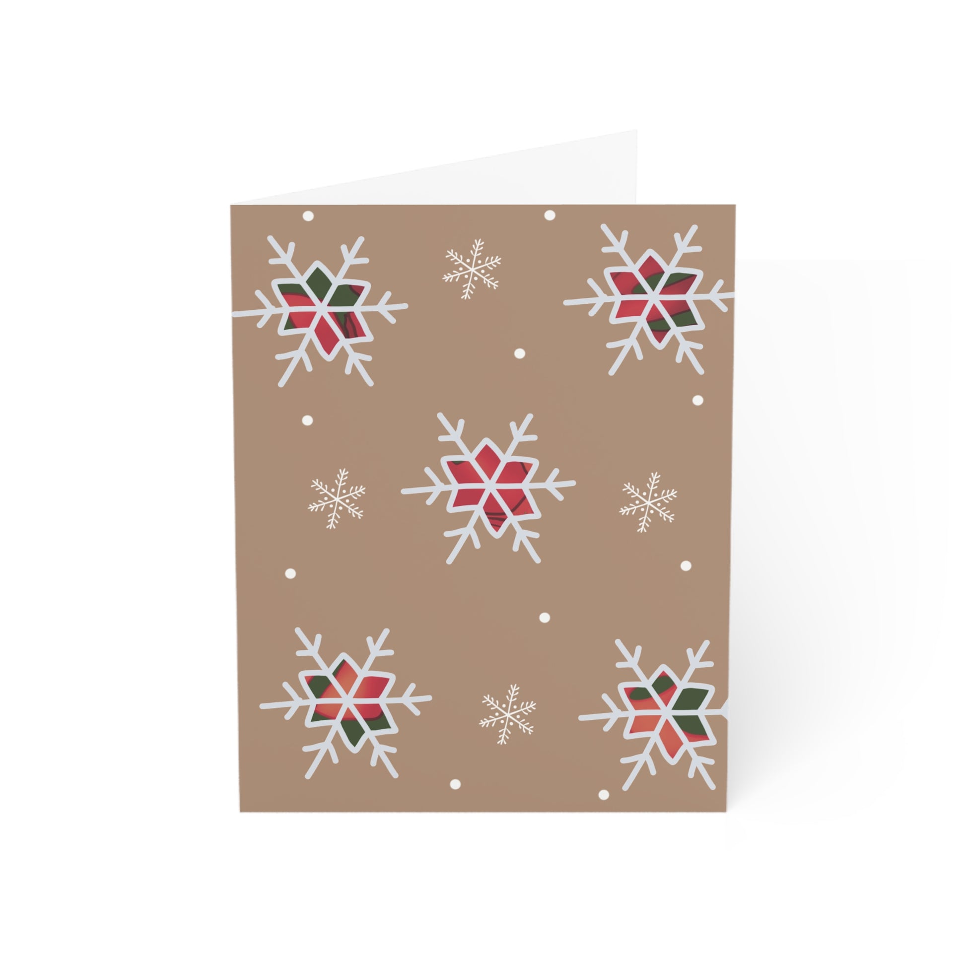 Festive brown kraft greeting card adorned with vibrant red and green plaid snowflakes, perfect for holiday greetings and winter celebrations