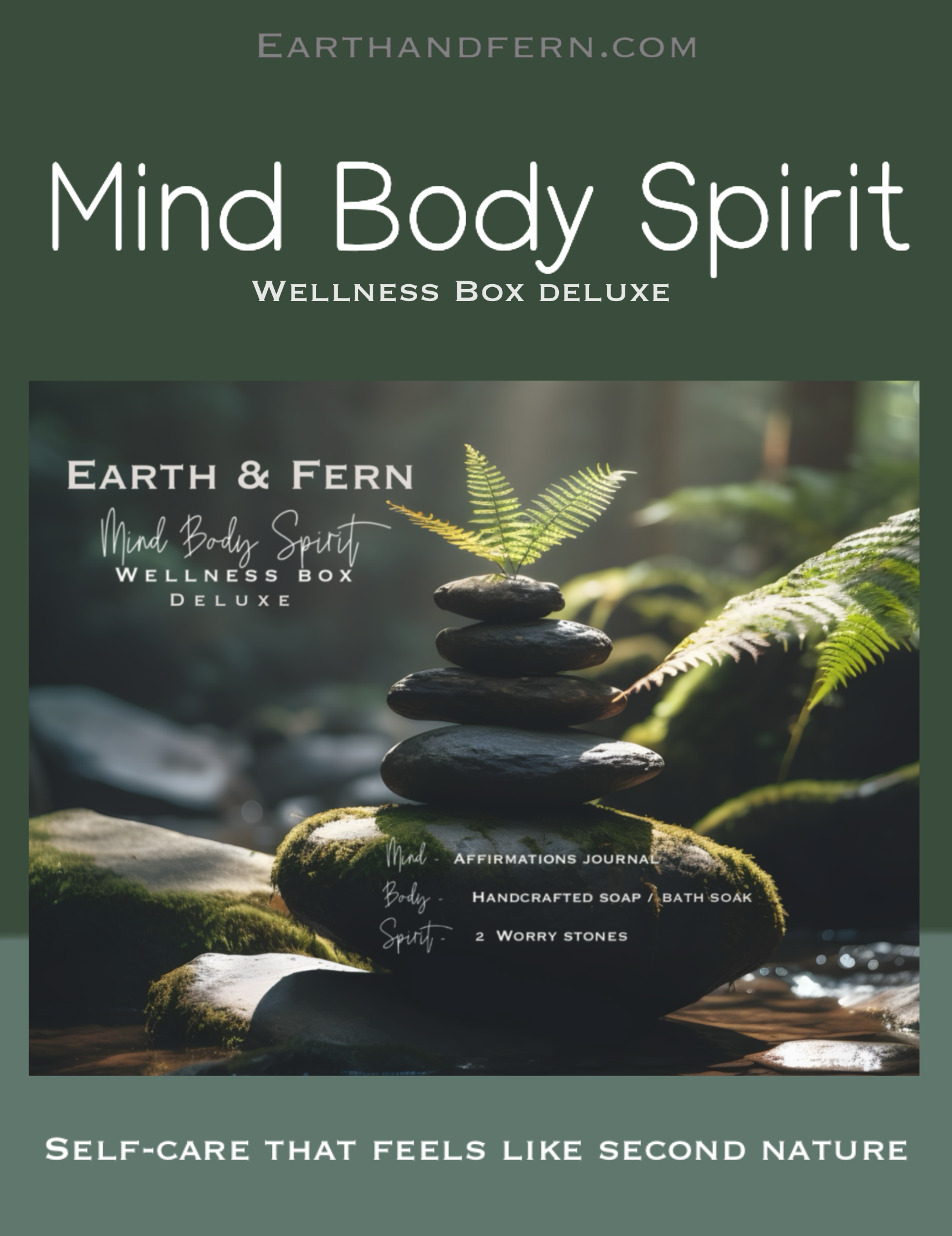 Earth & Fern Mind Body Spirit Wellness Box Deluxe packaging with stones and ferns.