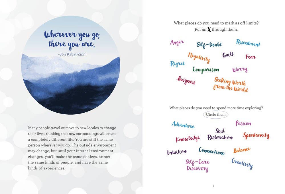 Joy workbook with colorful pages, offering guided questions, quotations, and meditations to help readers appreciate the present moment and embrace mindfulness