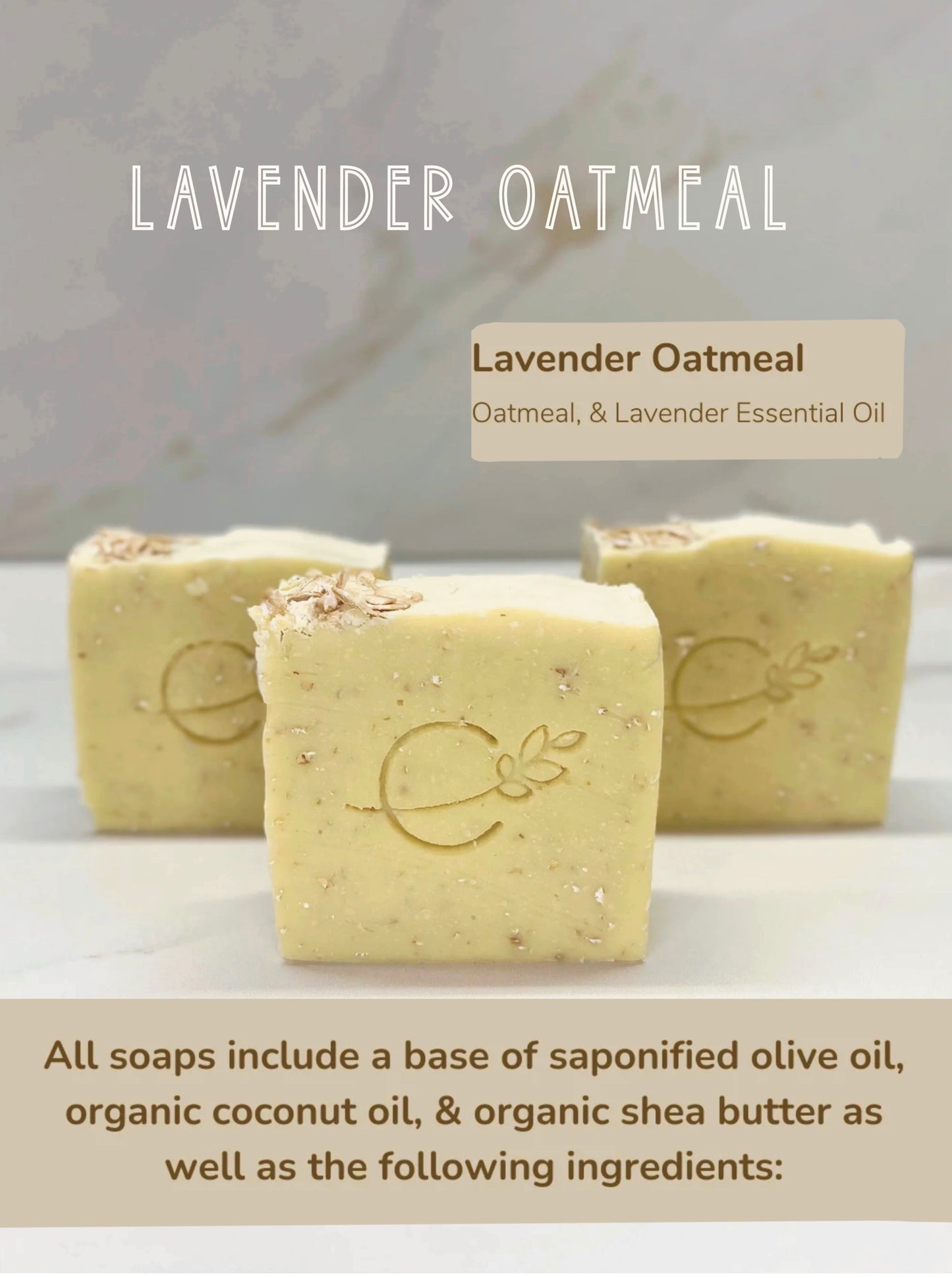 Handmade artisan soap made with organic coconut oil, shea butter, and saponified olive oil, naturally colored with plant materials. Lavender Oatmeal, with Oatmeal and Lavender Essential Oil